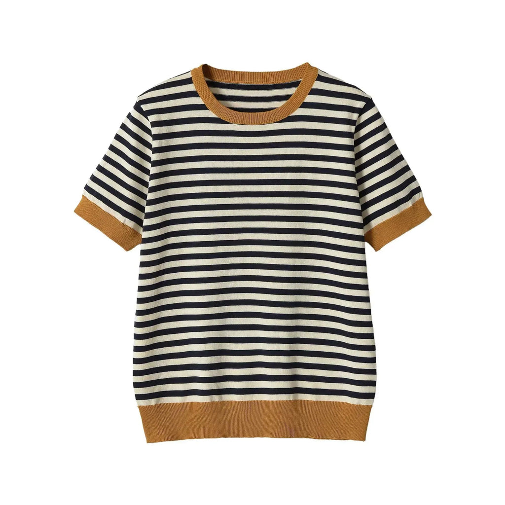 KASLEAD New Women's Fashion Short Sleeve round Neck Striped Casual Knitted Top Polyester Fiber Summer Season Overhead Wear