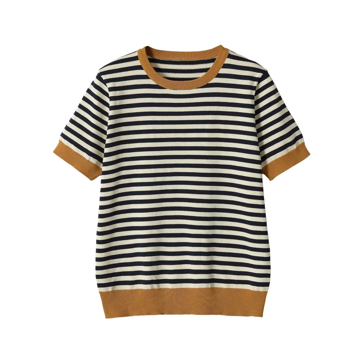KASLEAD New Women's Fashion Short Sleeve round Neck Striped Casual Knitted Top Polyester Fiber Summer Season Overhead Wear
