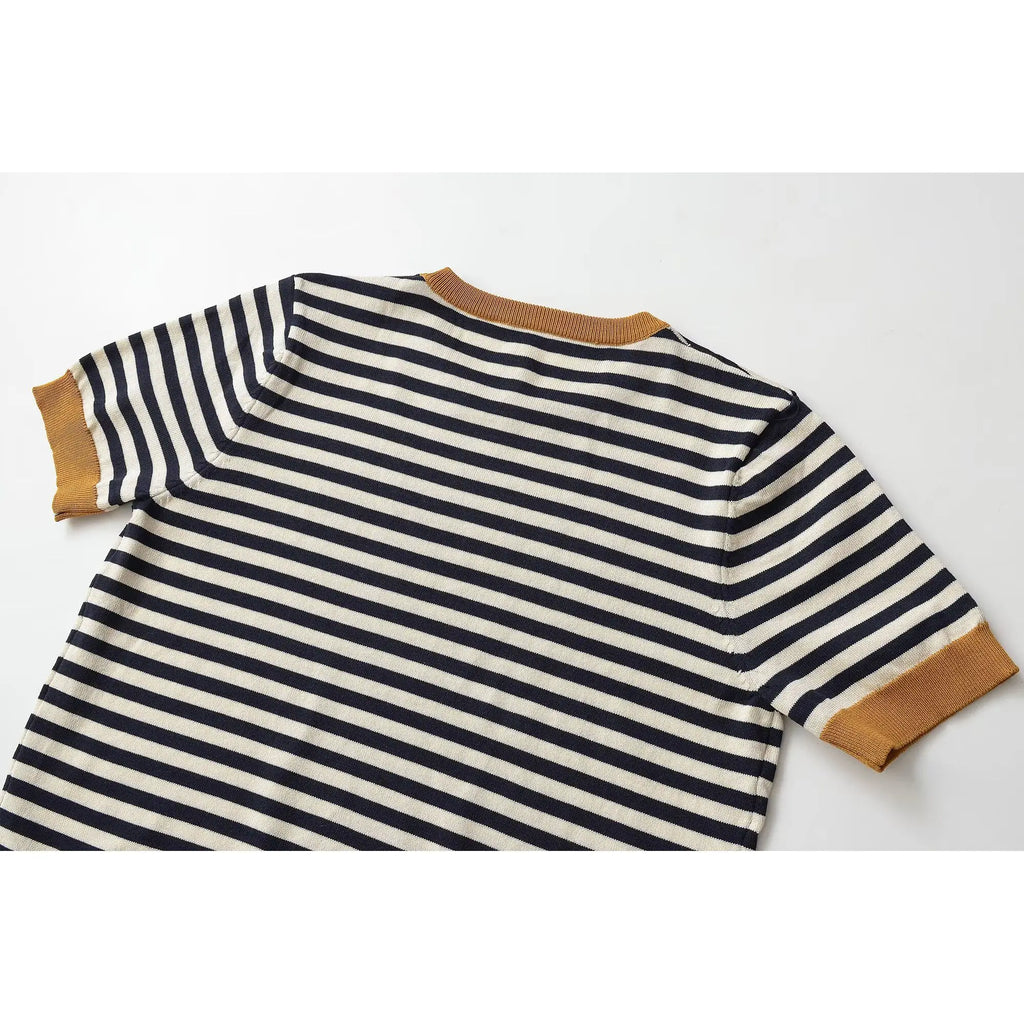 KASLEAD New Women's Fashion Short Sleeve round Neck Striped Casual Knitted Top Polyester Fiber Summer Season Overhead Wear