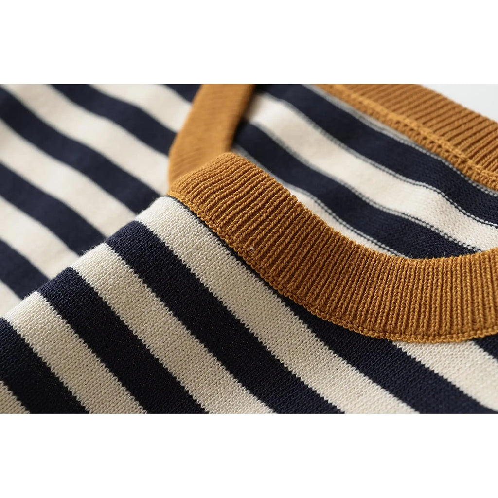 KASLEAD New Women's Fashion Short Sleeve round Neck Striped Casual Knitted Top Polyester Fiber Summer Season Overhead Wear